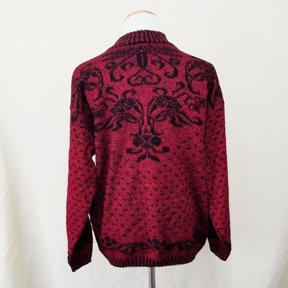 Vintage Sweater Black and Red Damask Metallic - Picture 2 of 6